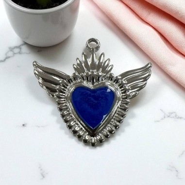 Ciondolo Cuore sacro con ali in Acciaio rodio smaltato sfumato 28x30mm - Vari colori 1pz Gioie d'Oriente