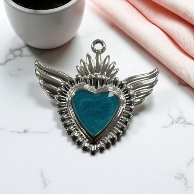 Ciondolo Cuore sacro con ali in Acciaio rodio smaltato sfumato 28x30mm - Vari colori 1pz Gioie d'Oriente