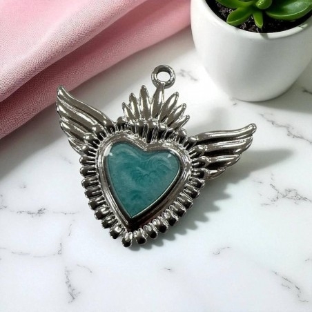 Ciondolo Cuore sacro con ali in Acciaio rodio smaltato sfumato 28x30mm - Vari colori 1pz Gioie d'Oriente