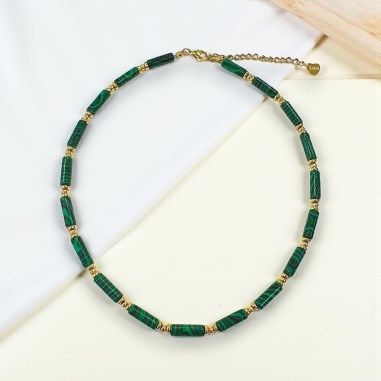 Collana di malachite sintetica a cilindro e Acciaio dorato 37+5cm | GDO