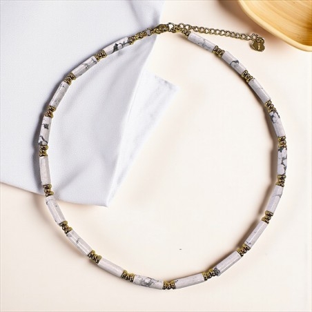 Collana di aulite bianca a cilindro e Acciaio dorato 37+5cm | GDO