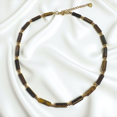 Collana di occhio di tigre a cilindro e Acciaio dorato 37+5cm | GDO