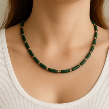 Collana di Pietre dure a cilindro e Acciaio dorato 37+5cm | GDO