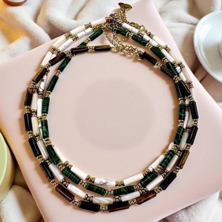 Collana di Pietre dure a cilindro e Acciaio dorato 37+5cm | GDO