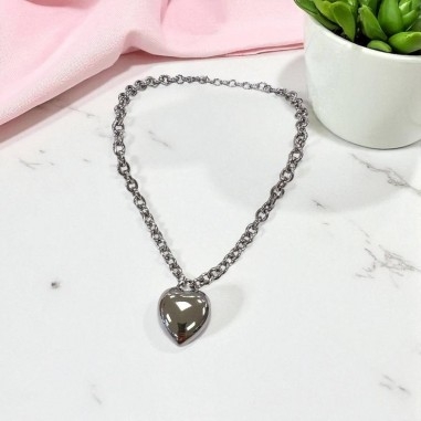 Collana ovale grossa con Cuore di 30mm in Acciaio inox 40+5cm | GDO