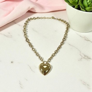 Collana ovale grossa con Cuore di 30mm in Acciaio inox 40+5cm | GDO