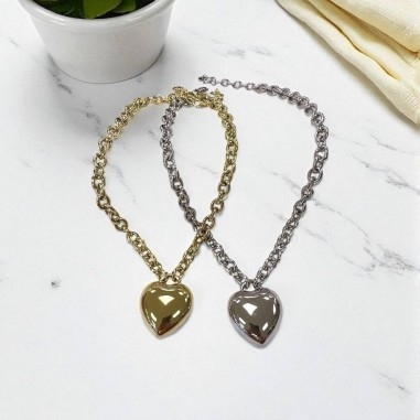 Collana ovale grossa con Cuore di 30mm in Acciaio inox 40+5cm | GDO