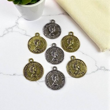 Ciondoli zama monete ELIZABETH II, oro e argento, rotondi 19x23mm, marchio Gioie d'Oriente