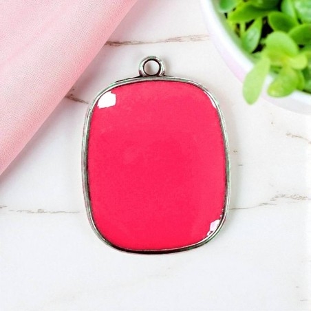 Ciondolo piastra in resina Rosa ciclamino e Acciaio rodio 22x30mm - 1 anellina | GDO