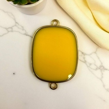 Ciondolo piastra in resina Giallo e Acciaio dorato 22x30mm - 2 anelline| GDO