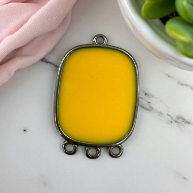 Ciondolo piastra in resina Gialla e Acciaio rodio 22x30mm - 4 anellini | GDO