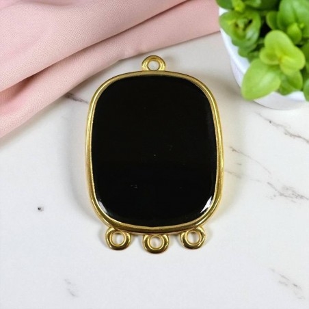 Ciondolo piastra in resina Nera e Acciaio dorato 22x30mm - 4 anellini | GDO