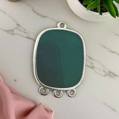 Ciondolo piastra in resina Verde cacciatore e Acciaio rodio 22x30mm - 4 anelline| GDO