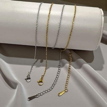 Base collana acciaio sottile maglia ovale 1.5mm, 40+5cm con targhetta finale, marchio Gioie d'Oriente