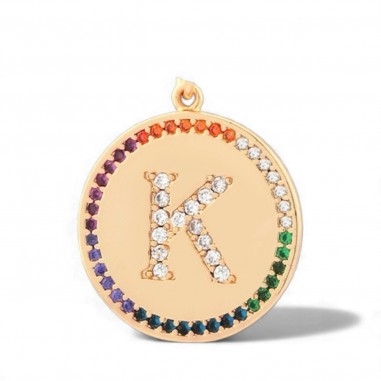 Pendente iniziale K in ottone oro 18k con zirconi arcobaleno 20 mm 1pz Gioie d'Oriente