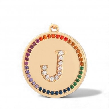 Pendente iniziale J in ottone oro 18k con zirconi arcobaleno 20 mm 1pz Gioie d'Oriente