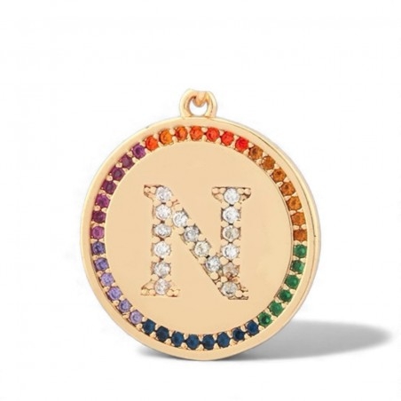 Pendente iniziale N in ottone oro 18k con zirconi arcobaleno 20 mm 1pz Gioie d'Oriente