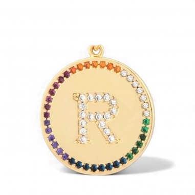 Pendente iniziale R in ottone oro 18k con zirconi arcobaleno 20 mm 1pz Gioie d'Oriente