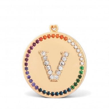 Pendente iniziale V in ottone oro 18k con zirconi arcobaleno 20 mm 1pz Gioie d'Oriente