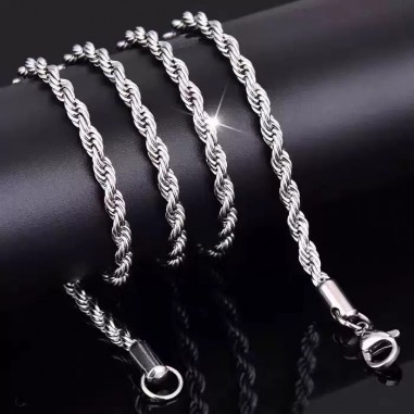 Base collana in acciaio attorcigliato, colore rodio, varie misure, con moschettone, marchio Gioie d'Oriente