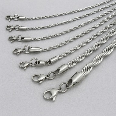 Base collana in acciaio attorcigliato, colore rodio, varie misure, con moschettone, marchio Gioie d'Oriente