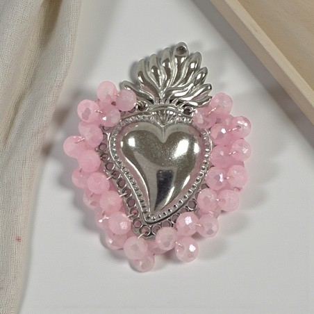 Ciondolo cuore sacro in acciaio rodio con cristalli Rosa AB due misure 1pz Gioie d'Oriente