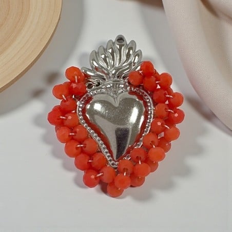 Ciondolo cuore sacro in acciaio rodio con cristalli Rosso chiaro due misure 1pz Gioie d'Oriente