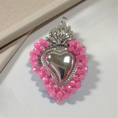 Ciondolo cuore sacro in acciaio rodio con cristalli Rosa fluo AB due misure 1pz Gioie d'Oriente