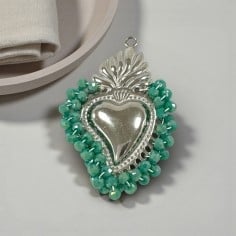 Ciondolo Cuore sacro in acciaio rodio con cristalli Verde tiffany AB 31x46mm | GDO