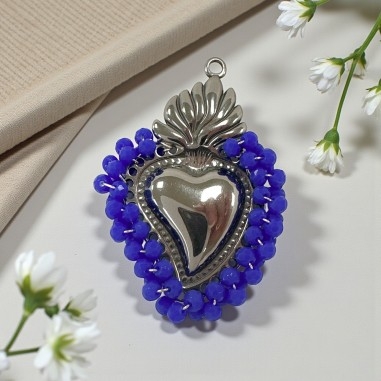 Ciondolo Cuore sacro in acciaio rodio con cristalli Bluette 31x46mm | GDO