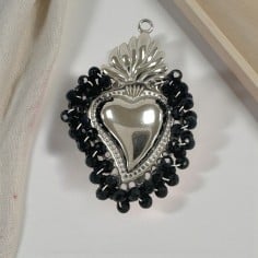 Ciondolo Cuore sacro in acciaio rodio con cristalli Neri - Due misure 1pz Gioie d'Oriente 2