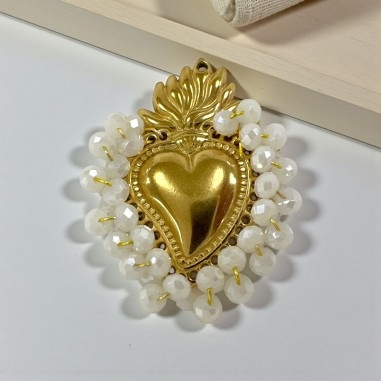 Ciondolo Cuore sacro in acciaio oro con cristalli Bianco AB - Due misure 1pz Gioie d'Oriente