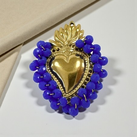 Ciondolo Cuore sacro in acciaio oro con cristalli Bluette - Due misure 1pz Gioie d'Oriente