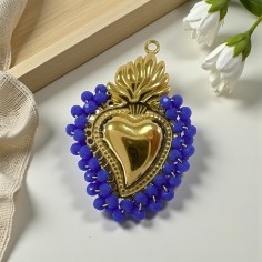 Ciondolo Cuore sacro in acciaio oro con cristalli Bluette - Due misure 1pz Gioie d'Oriente 2
