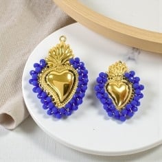 Ciondolo Cuore sacro in acciaio oro con cristalli Bluette - Due misure 1pz Gioie d'Oriente