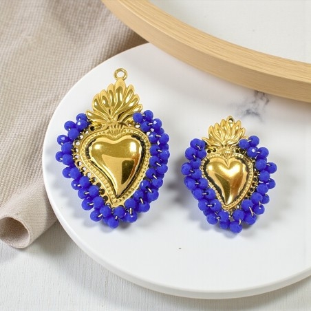 Ciondolo Cuore sacro in acciaio oro con cristalli Bluette - Due misure 1pz Gioie d'Oriente