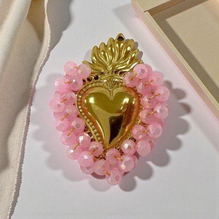 Ciondolo Cuore sacro in acciaio oro con cristalli Rosa AB - Due misure 1pz Gioie d'Oriente