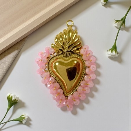 Ciondolo Cuore sacro in acciaio oro con cristalli Rosa AB - Due misure 1pz Gioie d'Oriente
