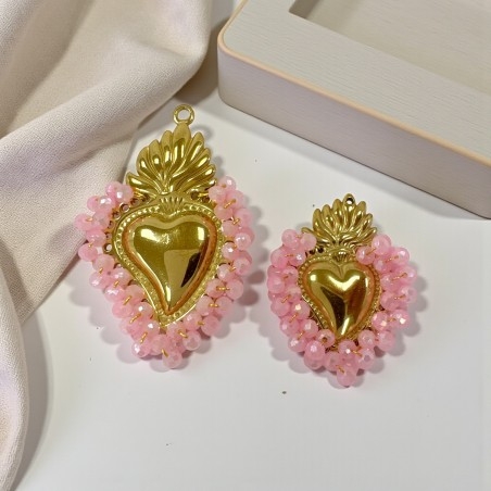Ciondolo Cuore sacro in acciaio oro con cristalli Rosa AB - Due misure 1pz Gioie d'Oriente
