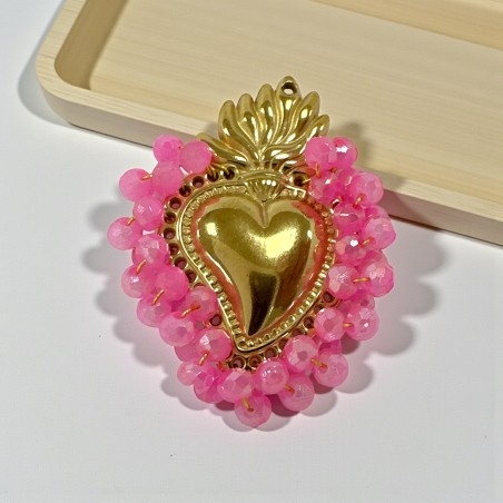 Ciondolo Cuore sacro in acciaio oro con cristalli Rosa fluo AB - Due misure 1pz Gioie d'Oriente