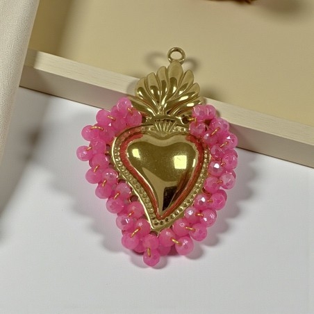 Ciondolo Cuore sacro in acciaio oro con cristalli Rosa fluo AB - Due misure 1pz Gioie d'Oriente