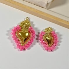 Ciondolo Cuore sacro in acciaio oro con cristalli Rosa fluo AB - Due misure 1pz Gioie d'Oriente