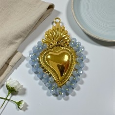 Ciondolo Cuore sacro in acciaio oro con cristalli Celeste AB - Due misure 1pz Gioie d'Oriente 2