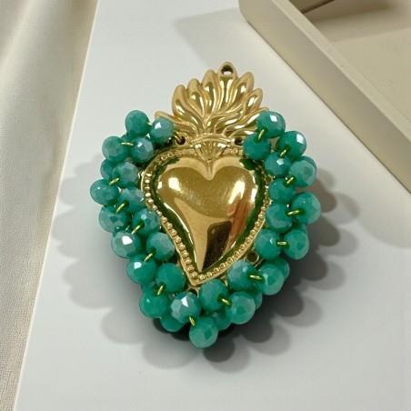 Ciondolo Cuore sacro in acciaio oro con cristalli Verde Tiffany AB - Due misure 1pz Gioie d'Oriente