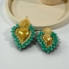 Ciondolo Cuore sacro in acciaio oro con cristalli Verde Tiffany AB - Due misure 1pz Gioie d'Oriente
