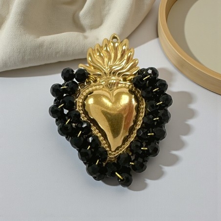 Ciondolo Cuore sacro in acciaio oro con cristalli Neri - Due misure 1pz Gioie d'Oriente