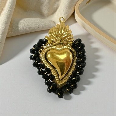Ciondolo Cuore sacro in acciaio oro con cristalli Neri - Due misure 1pz Gioie d'Oriente