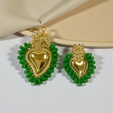 Ciondolo Cuore sacro in acciaio oro con cristalli Verdi - Due misure 1pz Gioie d'Oriente