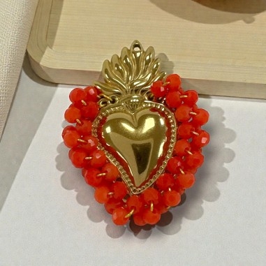 Ciondolo Cuore sacro in acciaio oro con cristalli Rosso chiaro - Due misure 1pz Gioie d'Oriente
