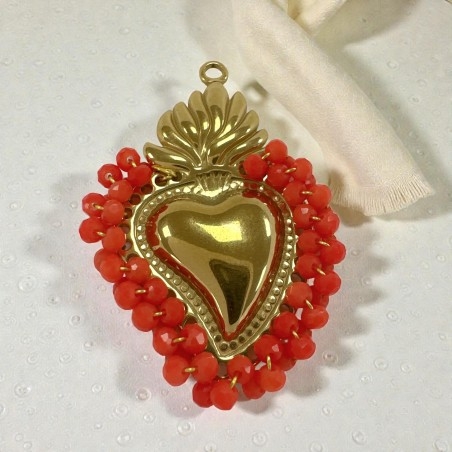 Ciondolo Cuore sacro in acciaio oro con cristalli Rosso chiaro - Due misure 1pz Gioie d'Oriente